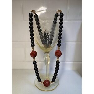 VTG Matte Onyx & Carved Red Cinnabar Necklace 27" Gold Filled Beads Bail/Clasp